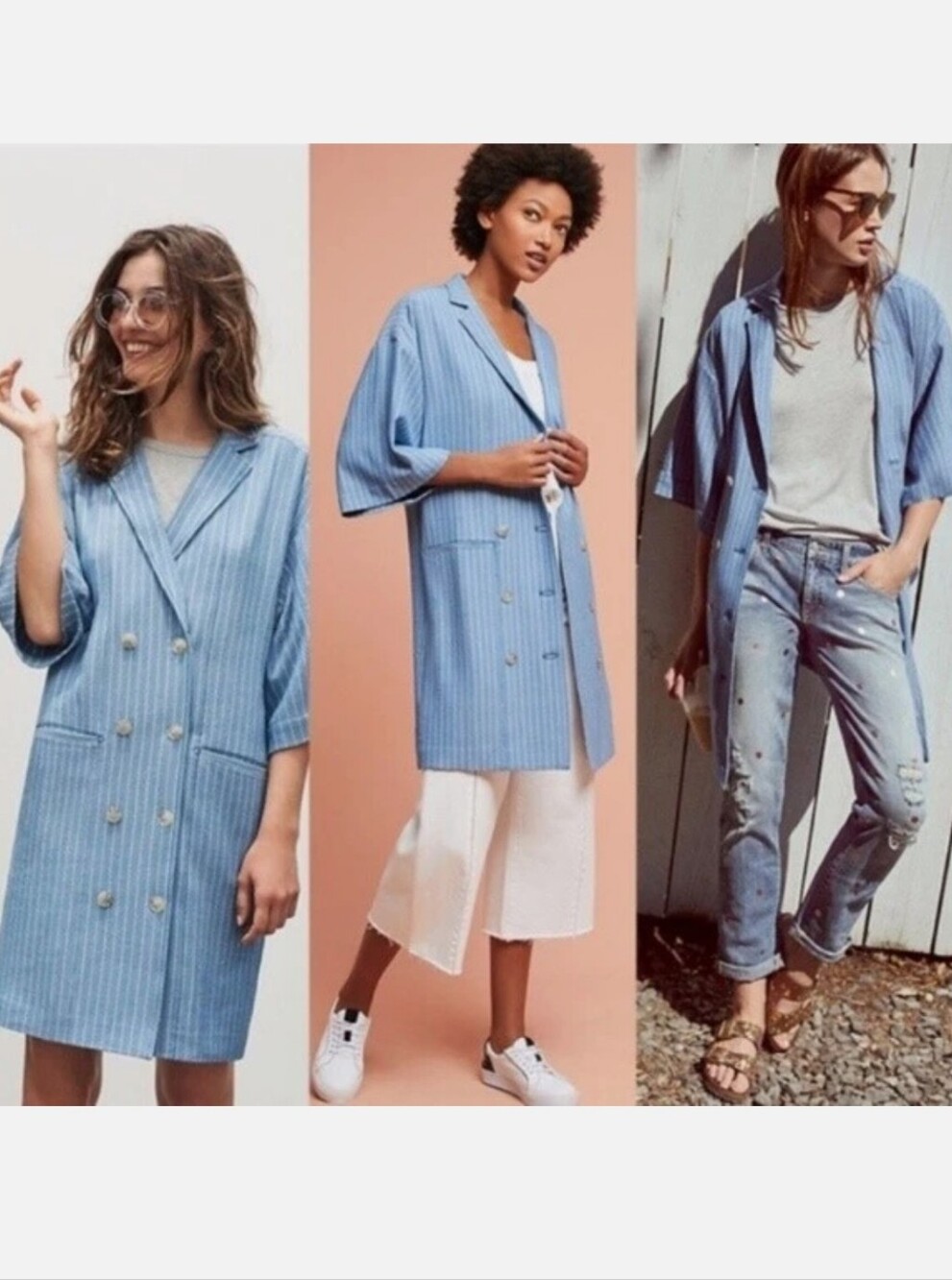 Maeve By Anthropologie Short Sleeve Blue Pinstripe Long Blazer Overcoat Dress XS